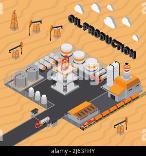 Oil production isometric composition with industrial buildings, derricks, tanks for storage, transportation on desert background vector illustration Stock Vector