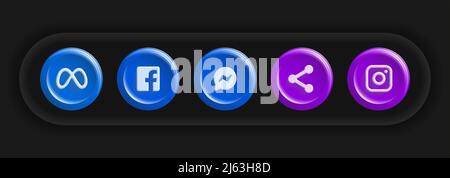 Social Media Set. Blue Purple Round Icons, F, Share, Texting app. Vector illustration Stock Vector