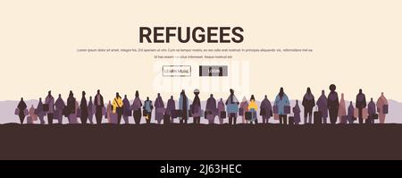 Ukrainian refugees with things rush to border fleeing russian aggression against Ukraine stop war concept Stock Vector