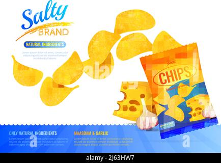 Salty snacks poster with branded product package realistic images of chips cheese and garlic with editable text vector illustration Stock Vector