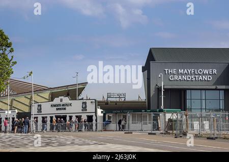 An orderly queue for tickets on a pleasant day at Plymouth Argyle football club’s Home Park. Home to football and large scale concert events. Stock Photo