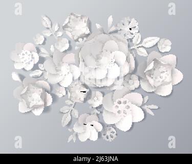 Realistic white paper flowers of various shape on stems with foliage on ...
