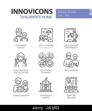 Legal support for parents and children - line design style icons set Stock Vector