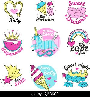 Cute magic emblems colored set of precious sweets stars hearts unicorn rainbow images isolated vector illustration Stock Vector