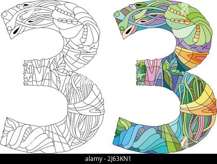 Three number Isolated zentangle illustration for coloring. Color and outline set Stock Vector
