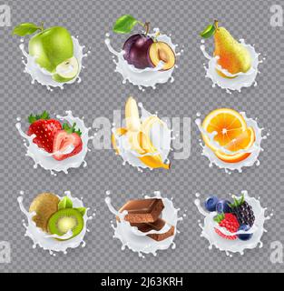 Set of realistic milk splashes with fruits including berries and chocolate isolated on transparent background vector illustration Stock Vector