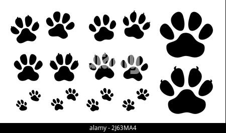 Paw icon set. Black paw print of dog and cat. Animal footprint, pet shop symbol vector Stock Vector