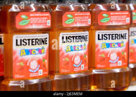 Tyumen, Russia-April 14 2022: Listerine children antibacterial mouthwash the world leader of the mouthwash market Stock Photo