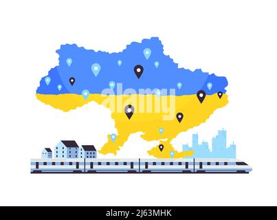 location geotags on map delivery of humanitarian aid in Ukraine by railway transport save Ukraine Stock Vector
