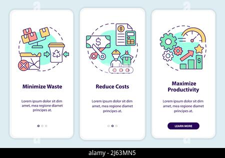 Purposes of lean manufacturing onboarding mobile app screen Stock Vector