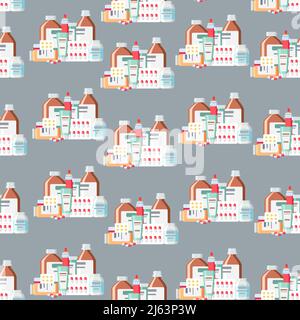 Seamless pattern with medical drugs on a gray background. Vector Stock Vector