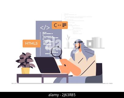 arab web developer creating program code on laptop screen development of software and programming concept Stock Vector