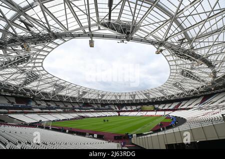 London, UK. 27th Apr, 2022. The London Stadium, home ground of West Ham United. On April 28, 2020, it will host the Europa League semifinal first leg between West Ham United and Eintracht Frankfurt. Credit: Arne Dedert/dpa/Alamy Live News Stock Photo