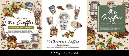 set Hand drawn set of coffee elements, coffee cups with vietnamese coffee drip. vector illustration. Graphic style elements: postcard, sticker, menu, Stock Vector