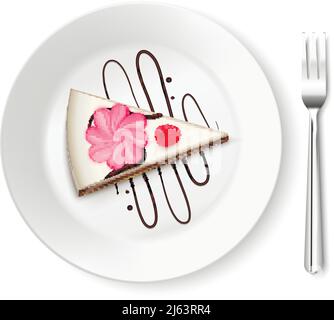 Colored piece of cake top view realistic composition with cake in plate with a dessert fork vector illustration Stock Vector