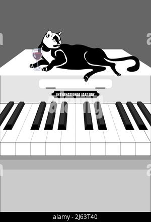 International Jazz Day music negative space style vector poster for jazz festival or night blues retro party with view from above piano keys. Cat lies Stock Vector
