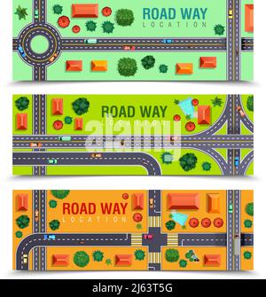 Set of horizontal banners with roadway including crossroads, junctions, vehicles, buildings on color background isolated vector illustration Stock Vector