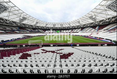 London, UK. 27th Apr, 2022. The London Stadium, home ground of West Ham United. On April 28, 2020, it will host the Europa League semifinal first leg between West Ham United and Eintracht Frankfurt. Credit: Arne Dedert/dpa/Alamy Live News Stock Photo