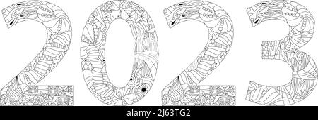 Number two thousand twenty-three zentangle object. Hand-painted art design. Color hand drawn illustration. Stock Vector