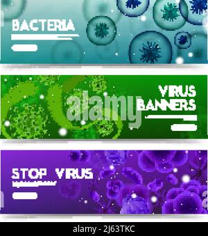 Set of horizontal banners with realistic viruses and bacteria isolated on blurred colorful backgrounds vector illustration Stock Vector