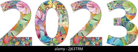 Number two thousand twenty-three zentangle object. Hand-painted art design. Color hand drawn illustration. Stock Vector