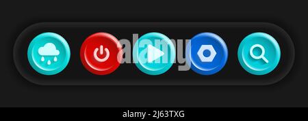 Colorful UI App Icons. Set of Weather, Power, Play, Settings, Search Buttons. Vector illustration Stock Vector