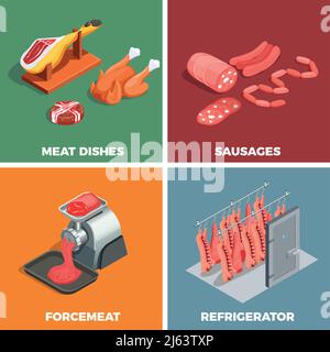 Butcher shop isometric concept including refrigerator with carcasses, meat dishes including jamon, sausages, mince isolated vector illustration Stock Vector