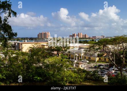 Looking out across Nassau toward the Atlantis Paradise Island Resort from Fort Fincastle atop Bennet’s Hill on New Providence Island, the Bahamas. Stock Photo