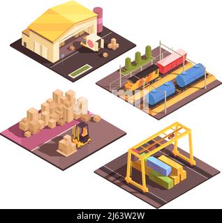 Isometric logistic design concept with set of four isolated sort facilitiy buildings appropriate for different transportation modes vector illustratio Stock Vector