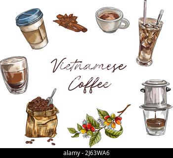 Hand drawn iced coffee, coffee with milk, espresso, coffee cups, coffee beans, drip, Vietnamese coffee illustration,  capefin Stock Vector