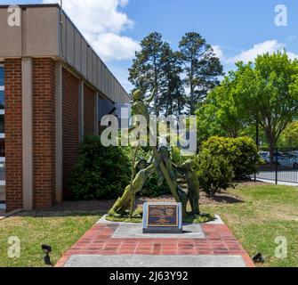 GREER, SC, USA 24 APRIL 2022: Fire Department tribute plaque and sculpture for all firefighters. Square image. Stock Photo