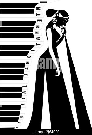 International Jazz Day music negative space style vector poster for jazz festival or night blues retro party with piano keys and jazz woman afroameric Stock Vector