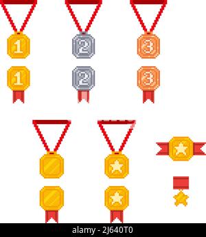 Set of medals in pixel art design Stock Vector