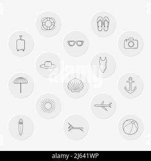 Summer vacation icons with black outline with button Stock Vector