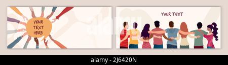 Group of multicultural volunteer people embraced viewed from behind and group of hands holding a speech bubble.NGO - banner - poster - cover -editable Stock Vector