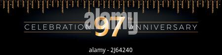 97th anniversary. Ninety-seven years birthday celebration horizontal banner with bright golden color. Stock Vector