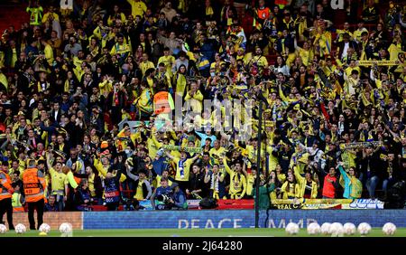 Liverpool, England, 27th April 2022.  Villarreal fans during the UEFA Champions League match at Anfield, Liverpool. Picture credit should read: Darren Staples / Sportimage Credit: Sportimage/Alamy Live News Stock Photo