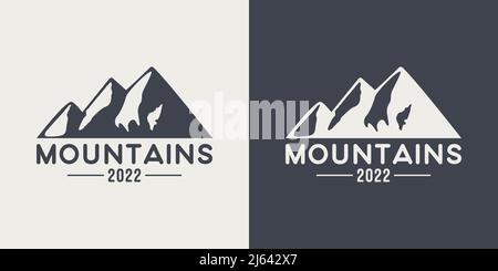 Vector Ventage Labels with Hand Drawn Mountains. 2022. Illustration for Ski Resort, Hiking, Climbing, Mountain Biking Logo Set. Drawing Winter Stock Vector