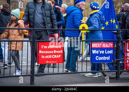 London, UK. 27th Apr, 2022. Anti-Brexit placards seen during the demonstration. Demonstrators gathered at Whitehall in protest against Brexit and Boris Johnson's government. (Photo by Loredana Sangiuliano/SOPA Images/Sipa USA) Credit: Sipa USA/Alamy Live News Stock Photo