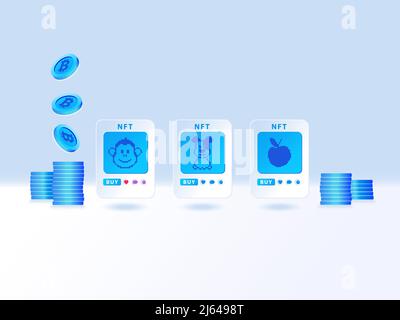 NFT Non-Fungible-Token concept. Illustration of multiple digital artworks for sale using crypto currency such as bitcoin. Example for Web 3.0 applicat Stock Vector