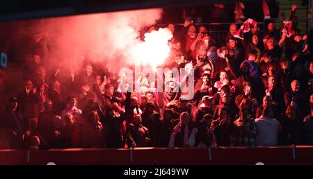 Liverpool, England, 27th April 2022.   Liverpool fans celebrate during the UEFA Champions League match at Anfield, Liverpool. Picture credit should read: Darren Staples / Sportimage Credit: Sportimage/Alamy Live News Stock Photo