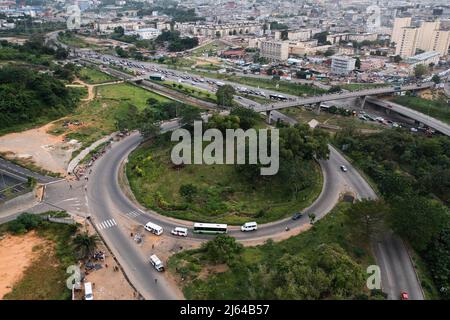 Ivory Coast's drone shot of Abidjan economic capital. The country is moving forward after the 2011 crises that claims hundred of lives in West Africa. Stock Photo