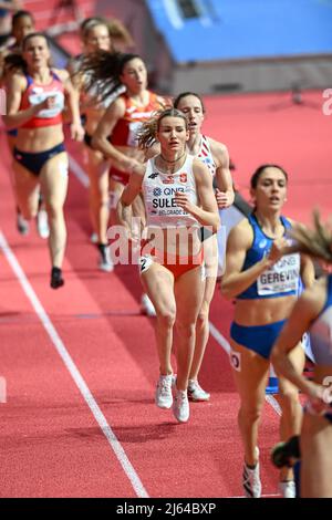 Adrianna Sulek participating in the Belgrade 2022 World Indoor Championships in the High Jump of the Pentathlon. Stock Photo