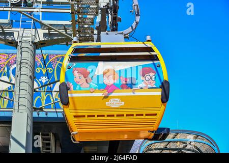 Disney Skyliner cable cars with character wrapping at Disney World Stock Photo