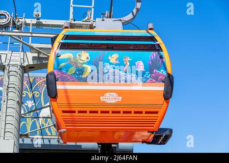 Disney Skyliner cable cars with character wrapping at Disney World Stock Photo