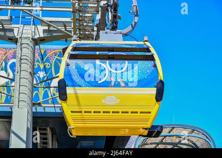 Disney Skyliner cable cars with character wrapping at Disney World Stock Photo