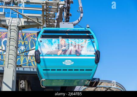 Disney Skyliner cable cars with character wrapping at Disney World Stock Photo