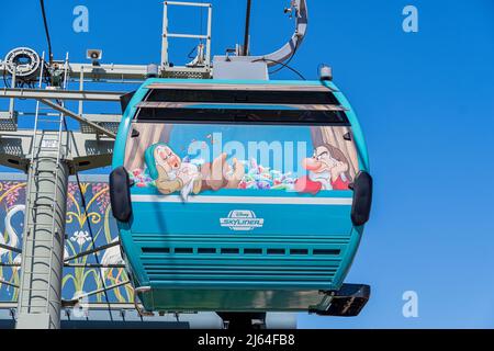 Disney Skyliner cable cars with character wrapping at Disney World Stock Photo