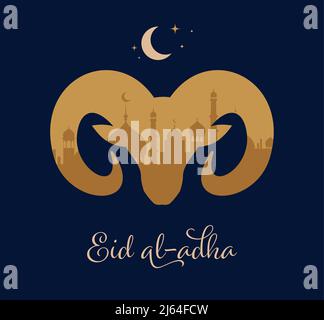 Eid Al Adha festival. Greeting card with sacrificial sheep and crescent on cloudy night background. Eid Mubarak theme. Vector illustration. Stock Vector