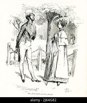 The 1891 caption reads: “Mrs ffaringdon and Mr ffoulkes.” It is taken from Mrs Gaskell’s novel Cranford and illustrated by Hugh Thomson. Elizabeth C Gaskell (died 1865), often referred to as Mrs Gaskell, was an English novelist, biographer, and short story writer. Her novels offer a detailed portrait of the lives of many strata of Victorian society, including the very poor. Her first novel, Mary Barton, was published in 1848. Gaskell's The Life of Charlotte Brontë, published in 1857, was the first biography of Brontë. Among Gaskell's best known novels is Cranford (1851–53). Hugh Thomson (died Stock Photo
